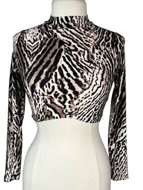 Fashion Nova Cropped Shirt Long Sleeves Small Brown New Animal Print